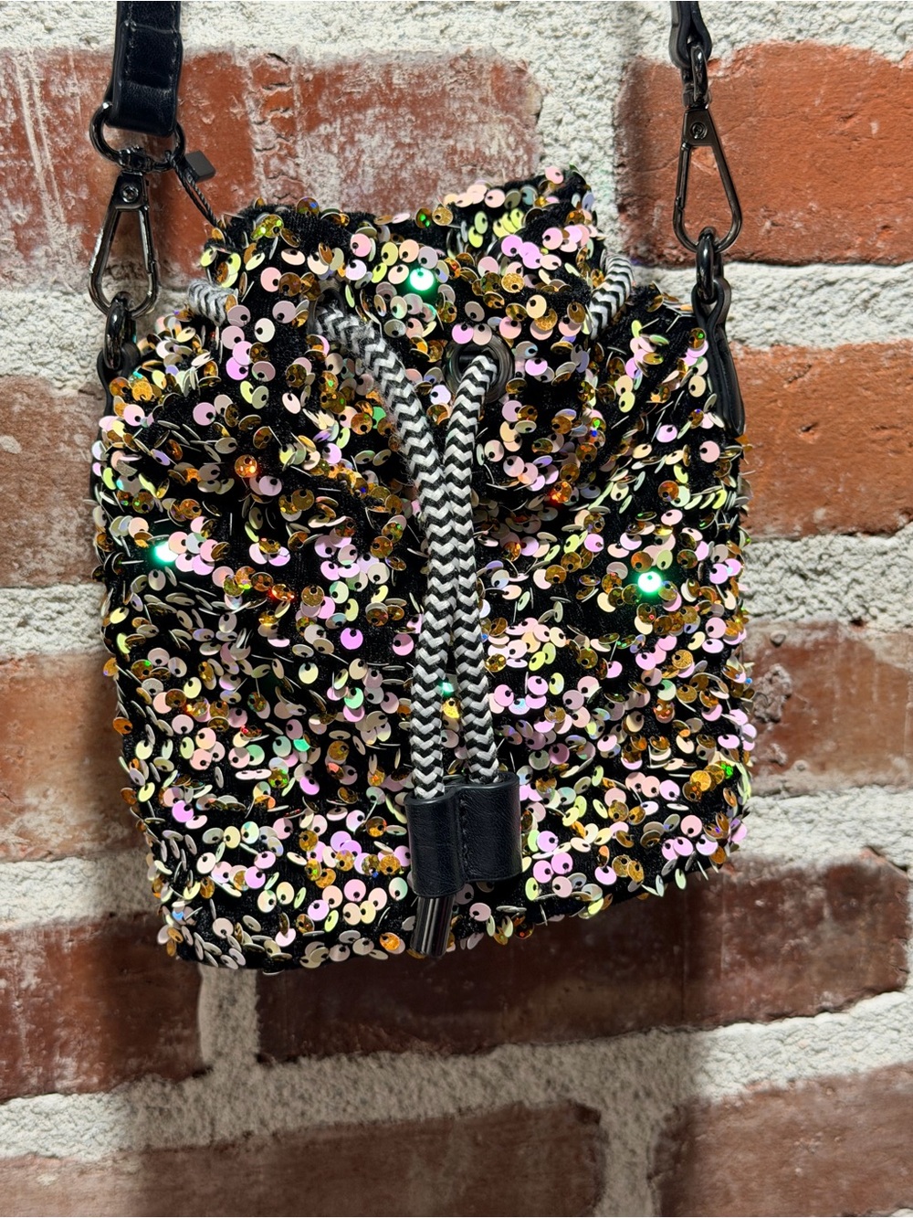 Desigual Small Sequinned Bucket Bag Crossbody Black Gold Iridescent